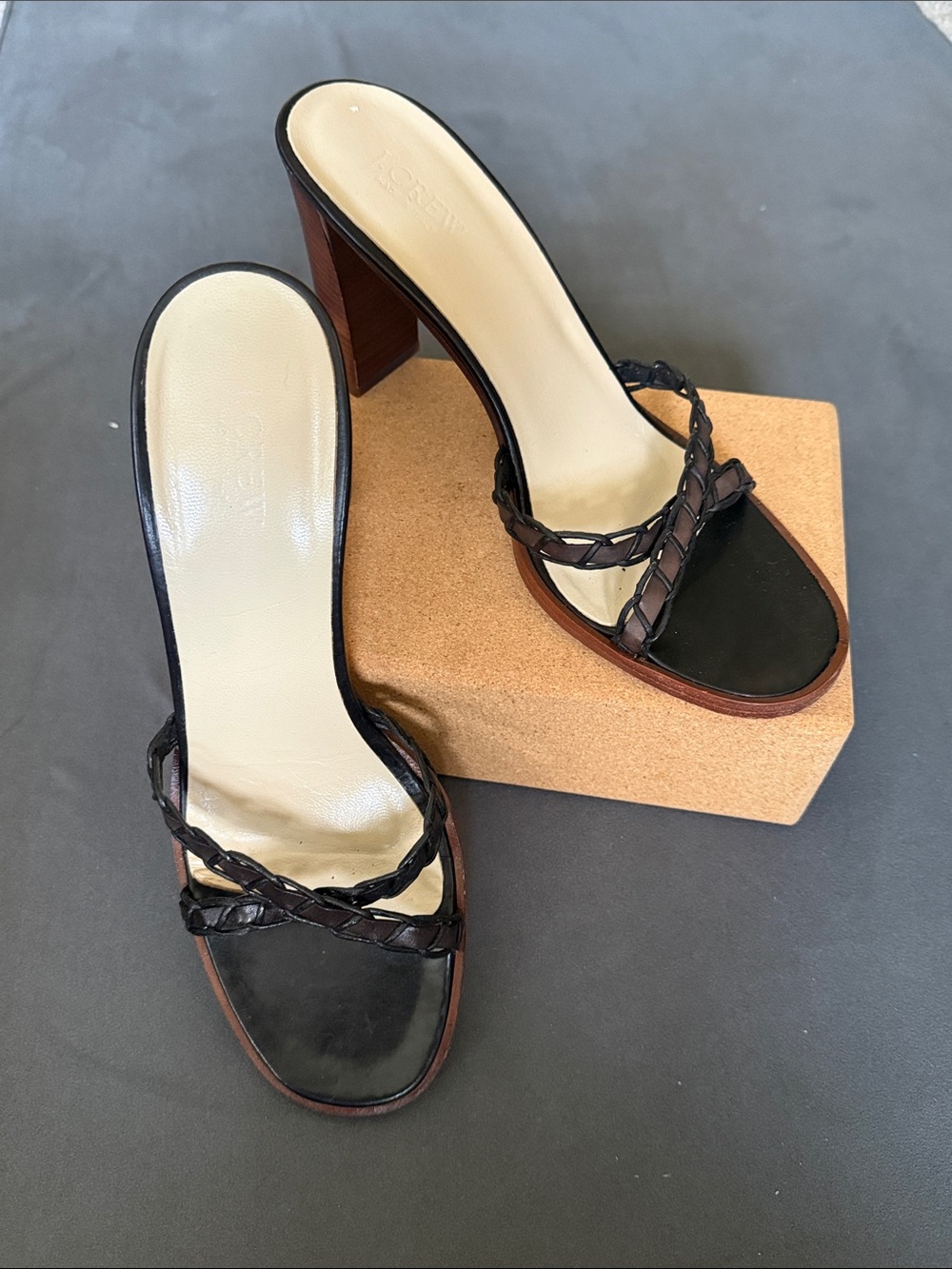 JCREW Black & Brown Braided Strap Block Heel Sandals with Cream Insole